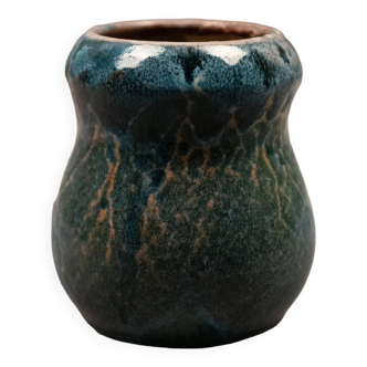 Small flamed stoneware vase in shades of blue and orange