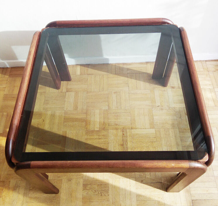 Coffee table in teak and smoked glass 1970