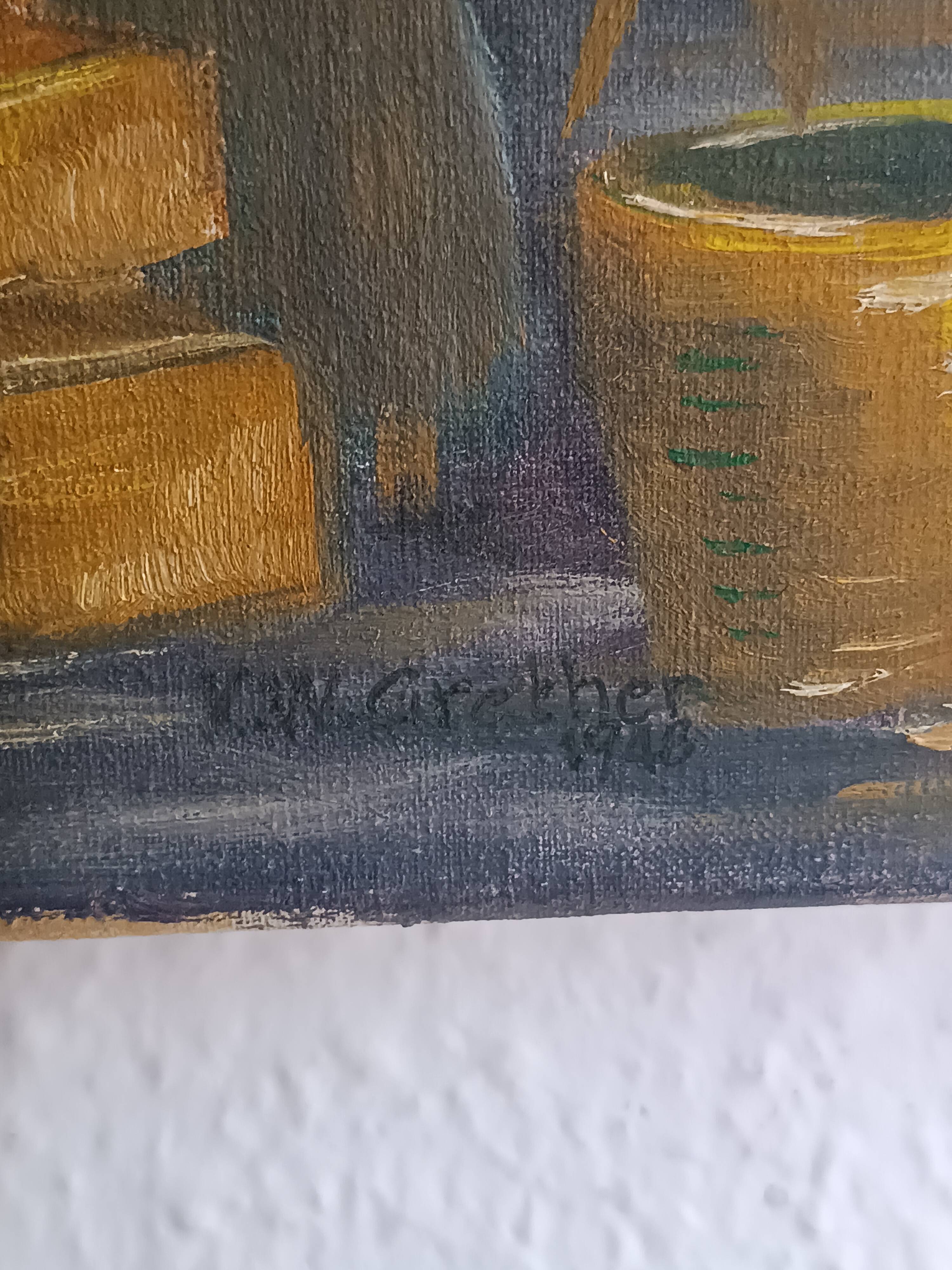Original oil painting, Provençal market in Nice, France, Grether, 1948