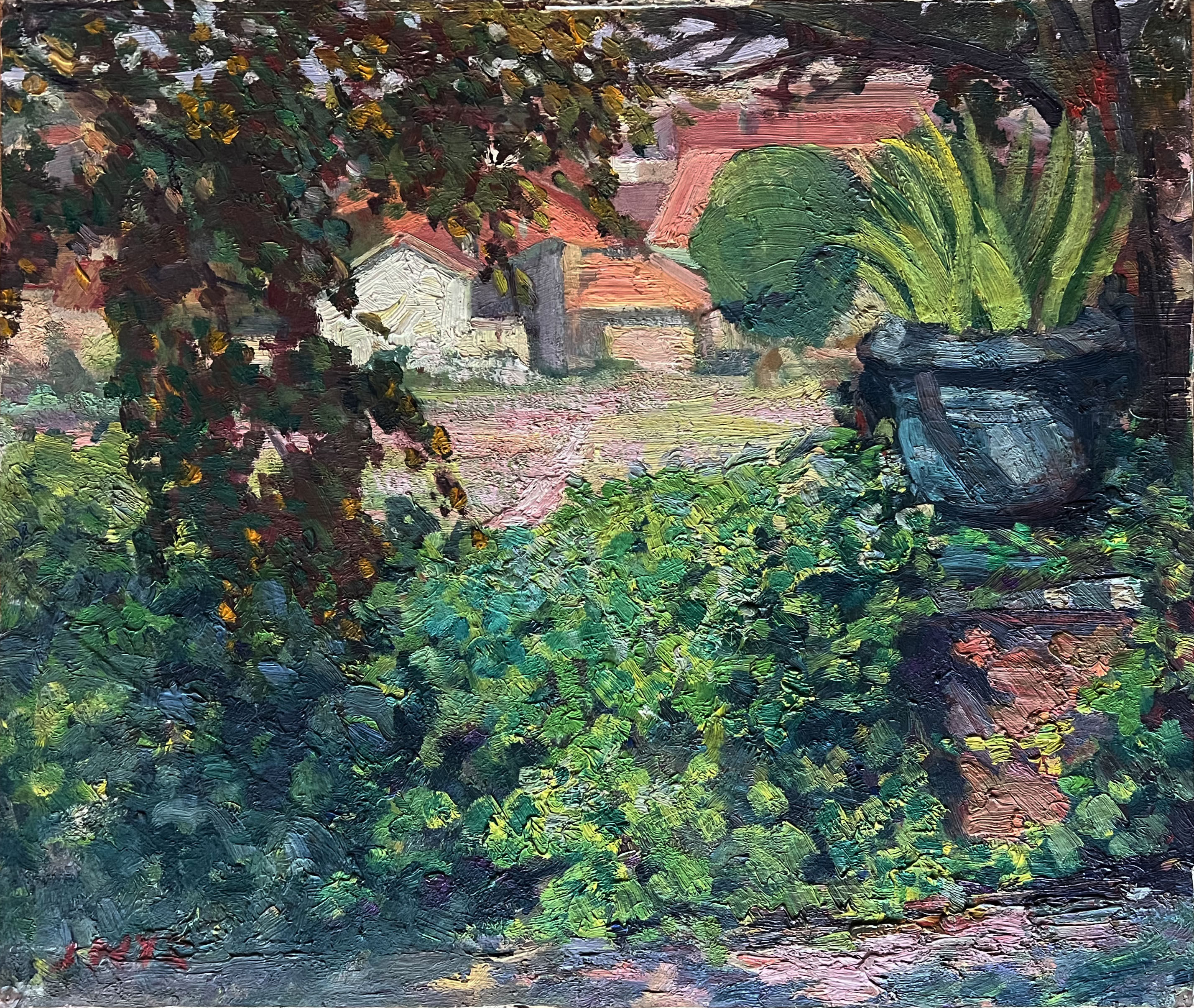La cour en été huile sur panneau isorel