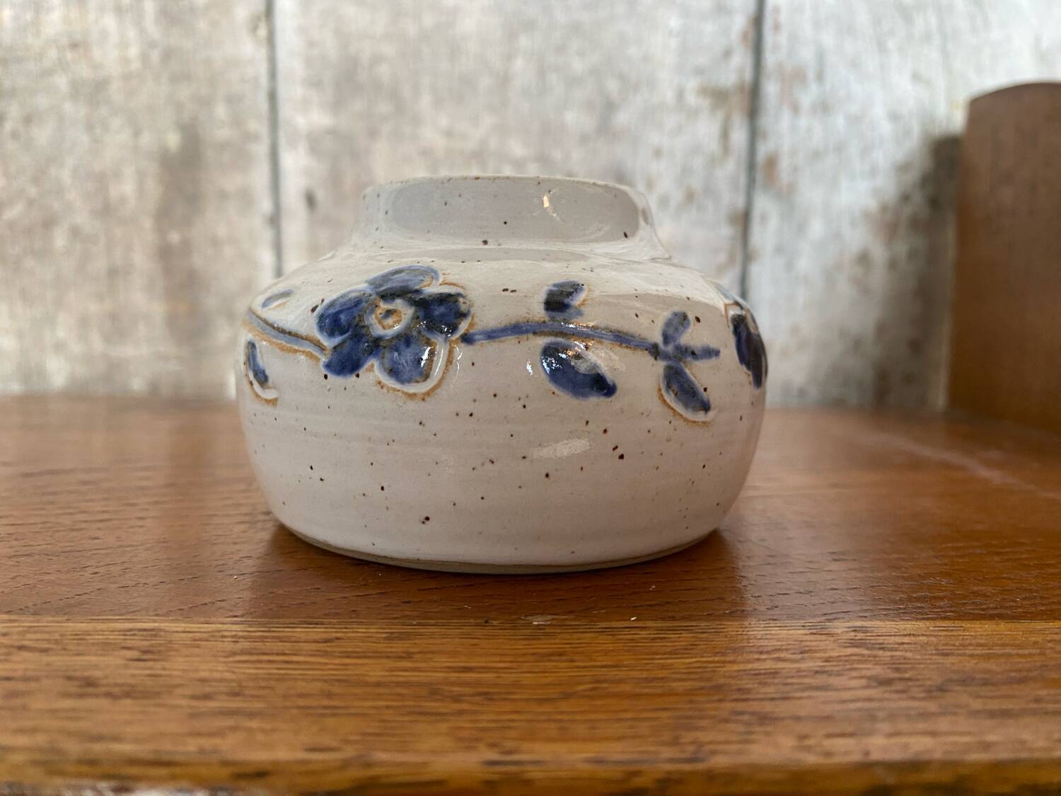 Antique White Ceramic Ball Vase Chiseled Decor Blue Flowers Vintage