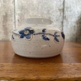 Antique White Ceramic Ball Vase Chiseled Decor Blue Flowers Vintage