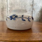 Antique White Ceramic Ball Vase Chiseled Decor Blue Flowers Vintage