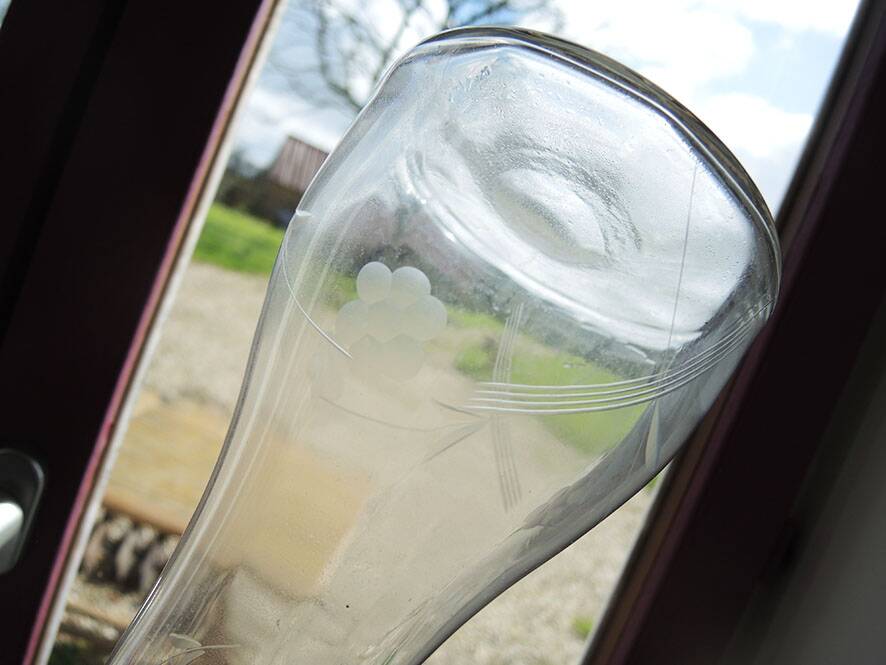 2 Antique Engraved Glass Wine Decanters with Grape Decor
