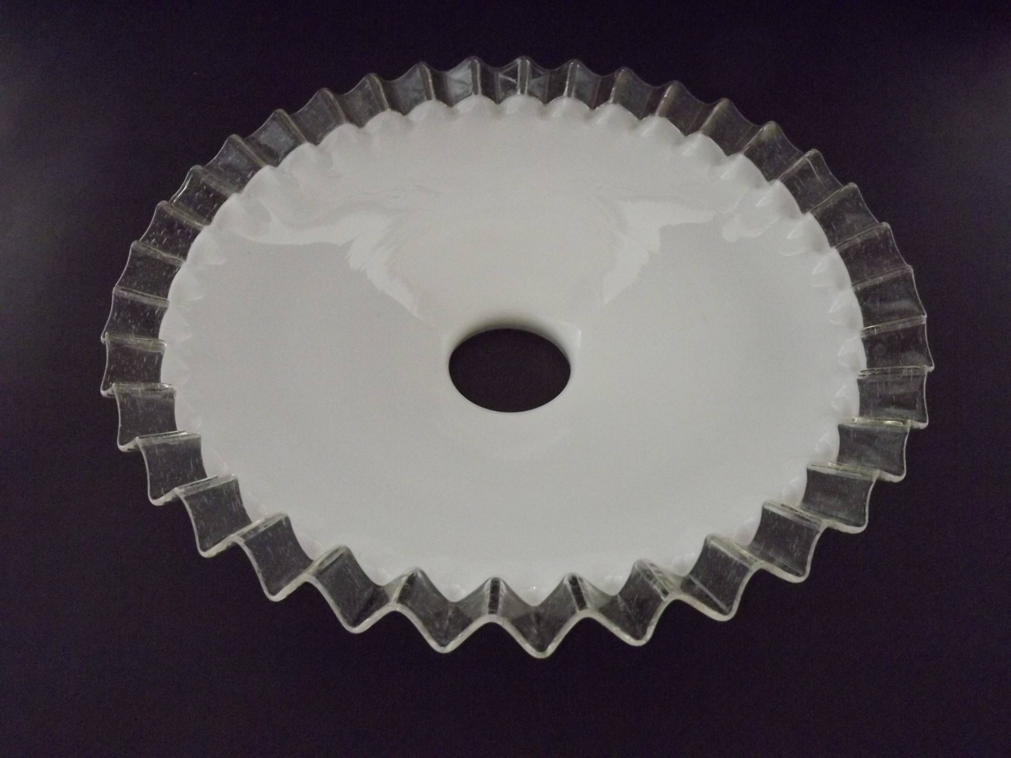French frilled glass pendant shade, white opaline glass with a clear scalloped edge.