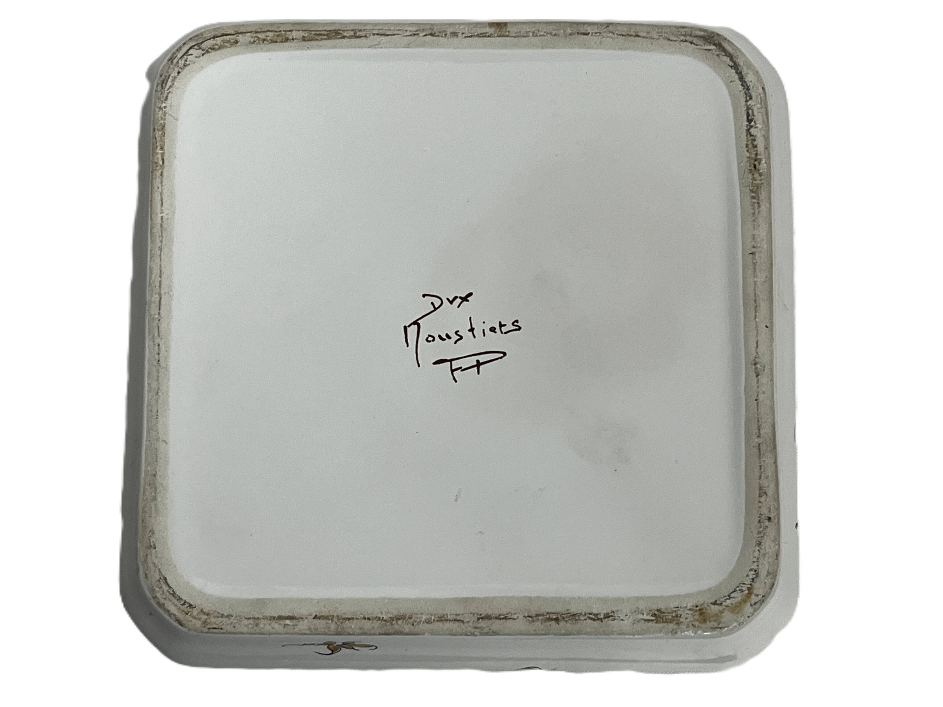 Moustiers, square shallow dish with bird decoration, 20th century.