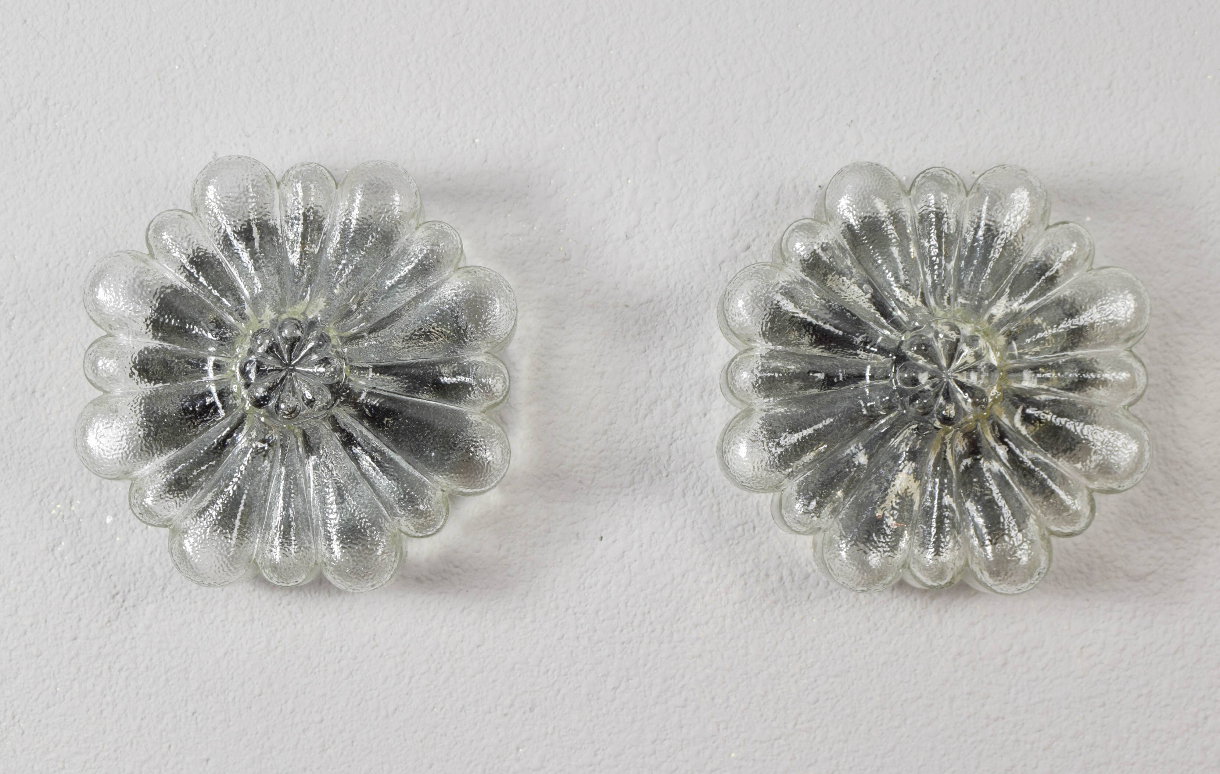 Mid Century Modern Germany Cut Glass Flush Mount Set 60s Bubble Flower Set