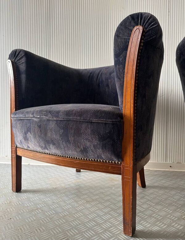 Paire de fauteuils tonneau vintage en velours bleu gris - année 50/60