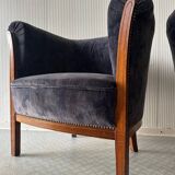 Pair of vintage barrel chairs in blue-grey velvet - 1950s/60s