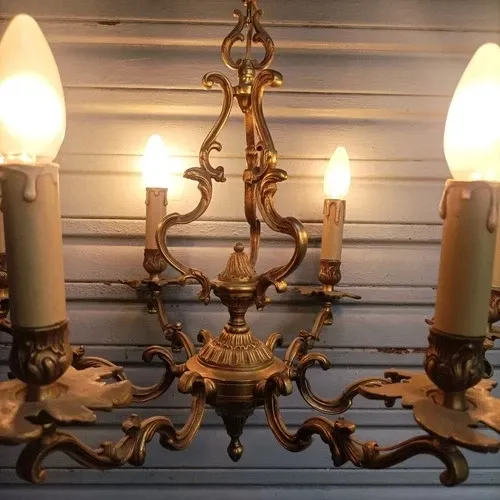 Antique cage chandelier in bronze, 6 lights, Louis XV style, in working condition, 4.8 kg.