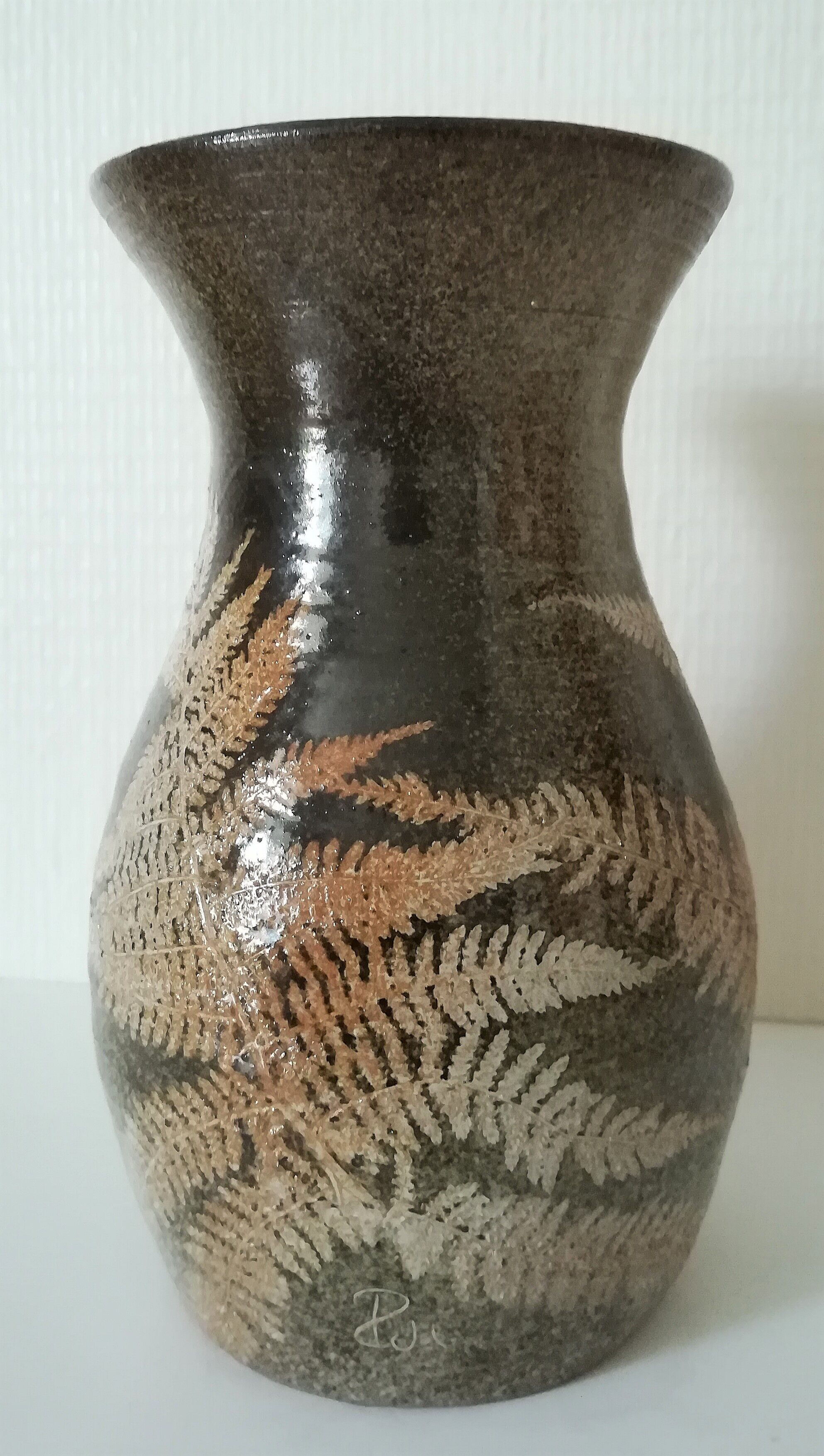 Vintage enamelled ceramic vase decorated with ferns
