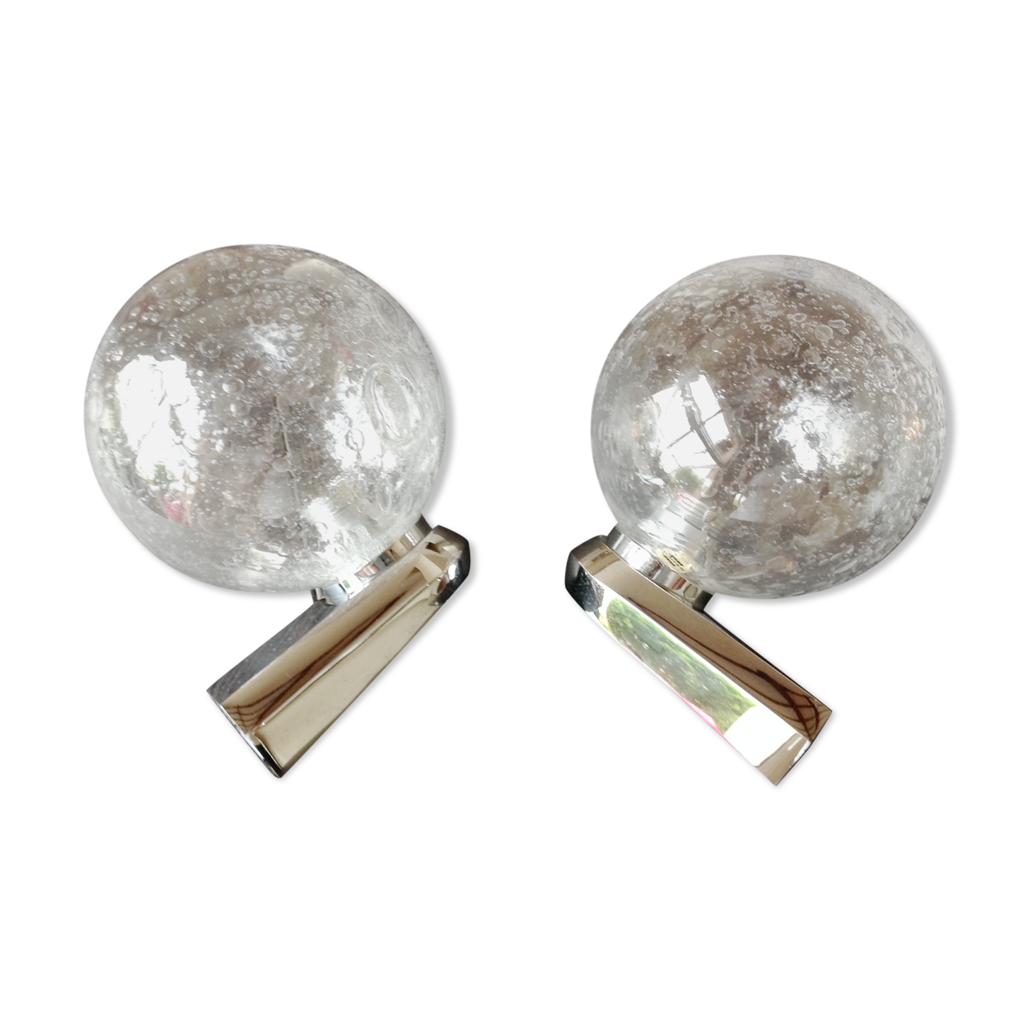 Pair of chrome sconces and crystal globe bubbled by Keuco / vintage 70s