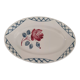 Oval dish in half-porcelain Badonviller red pink decoration and light gray blue braces