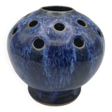 Pique-fleurs vase in enamelled stoneware with bluish running effect signed