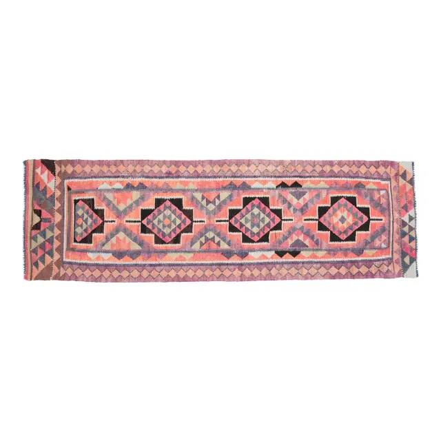 1970s Vintage Turkish Handmade Wool & Cotton Pink Runner Rug 101x318