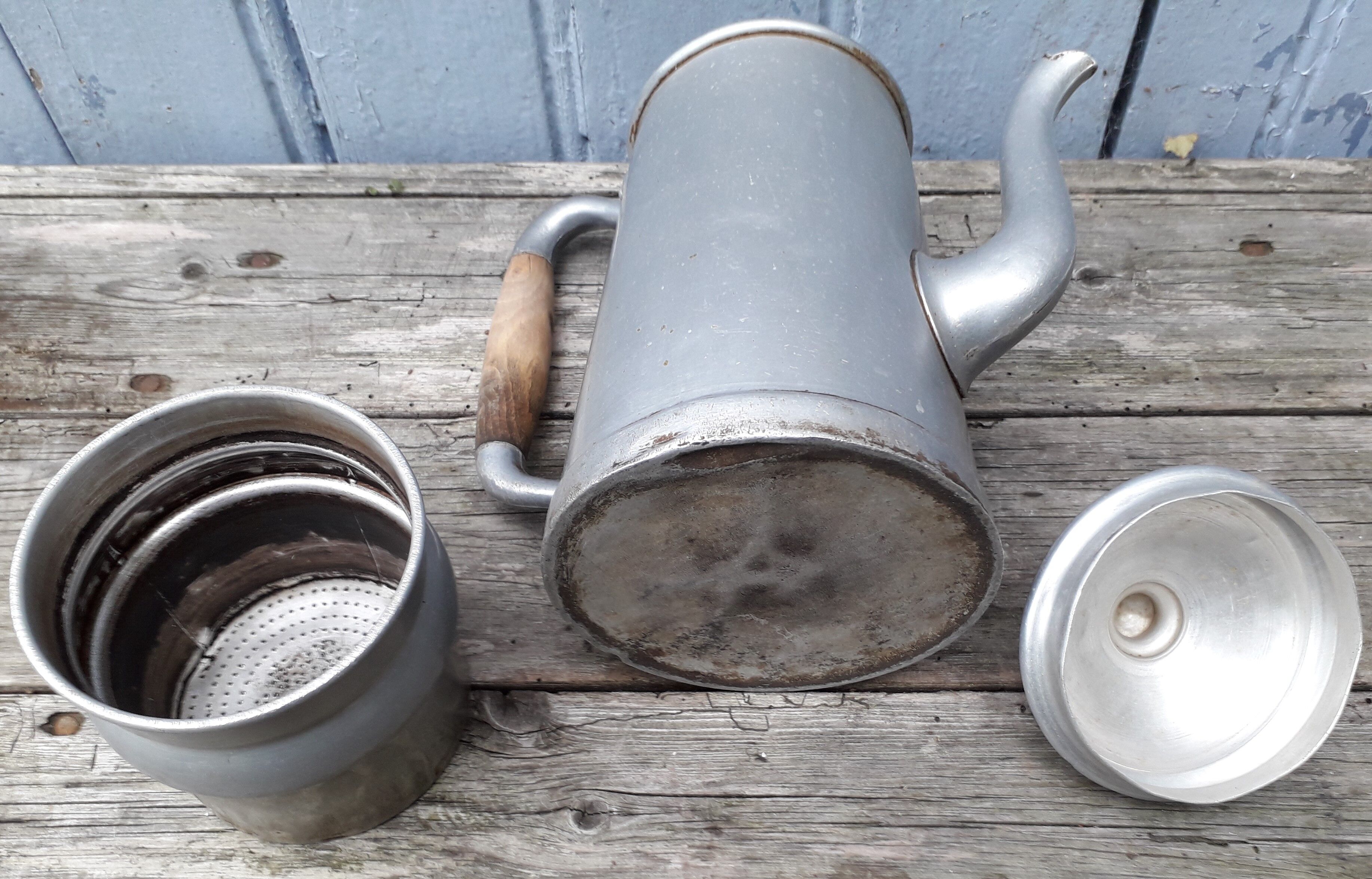 Aluminum and wood coffee pot