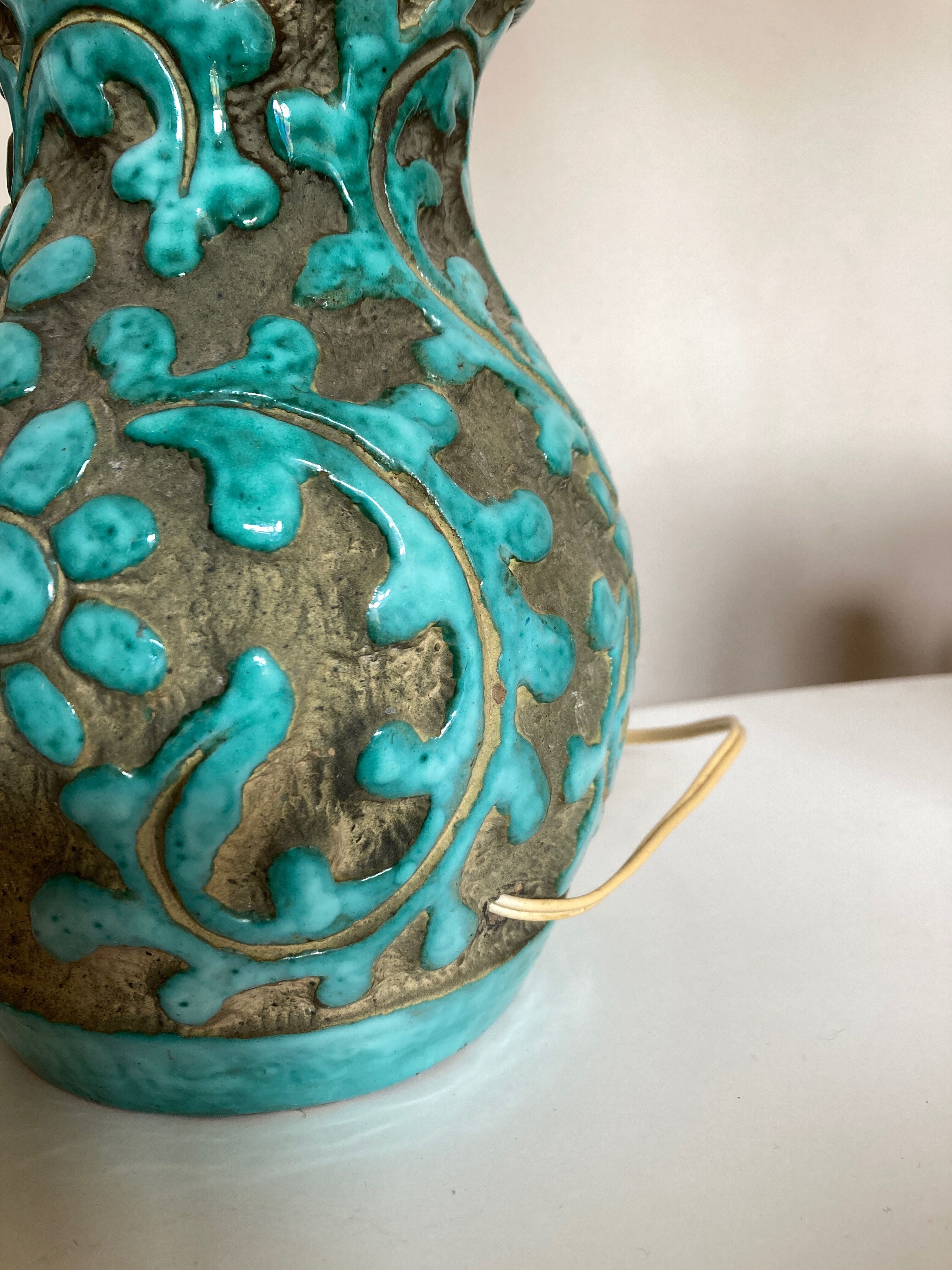 Italian glazed ceramic lamp 1960 mid century Bitossi turquoise