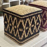 Moroccan pouf cube seat in graphic ikat wicker dark green forest fir
