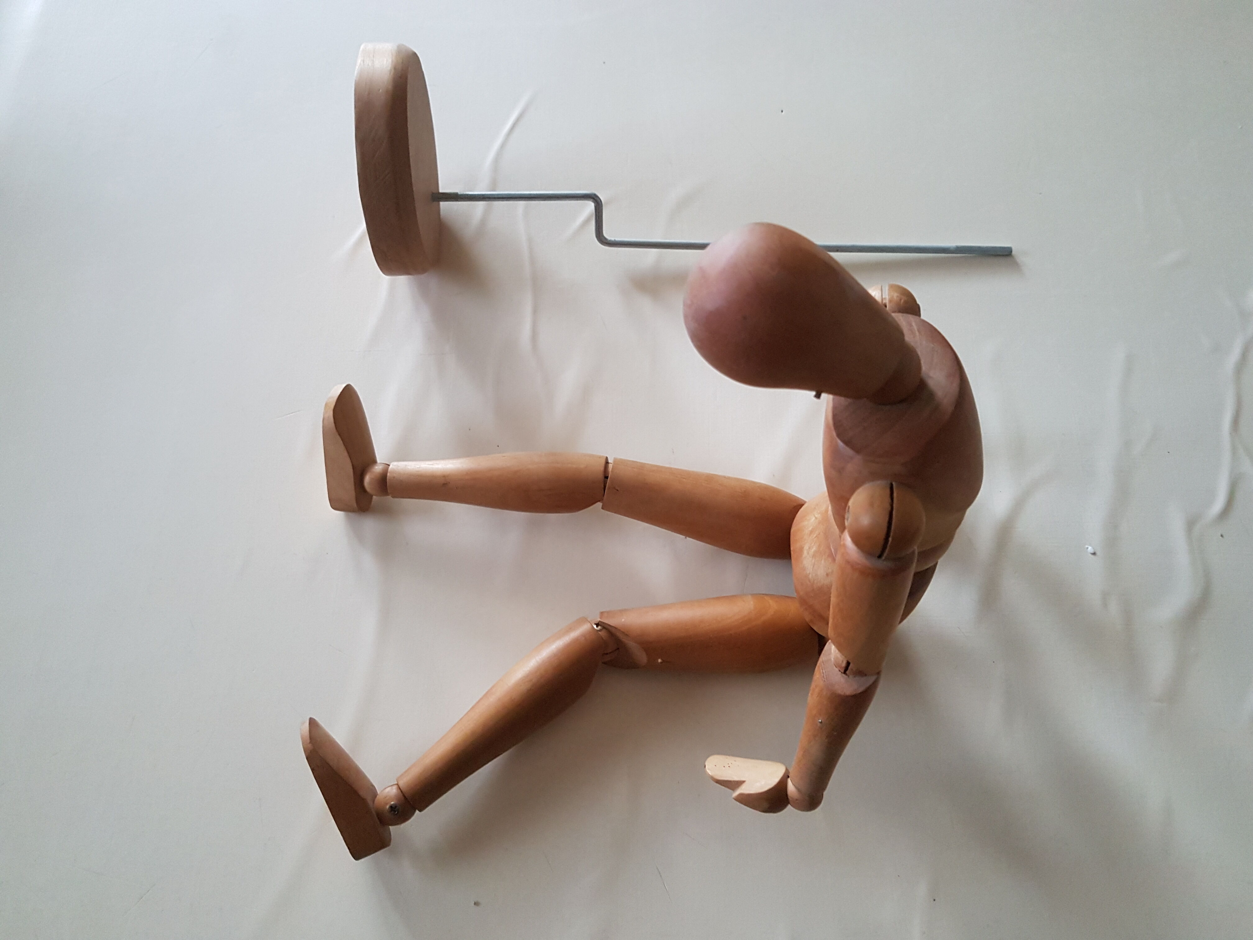 Articulated waxed wood puppet and 80's support