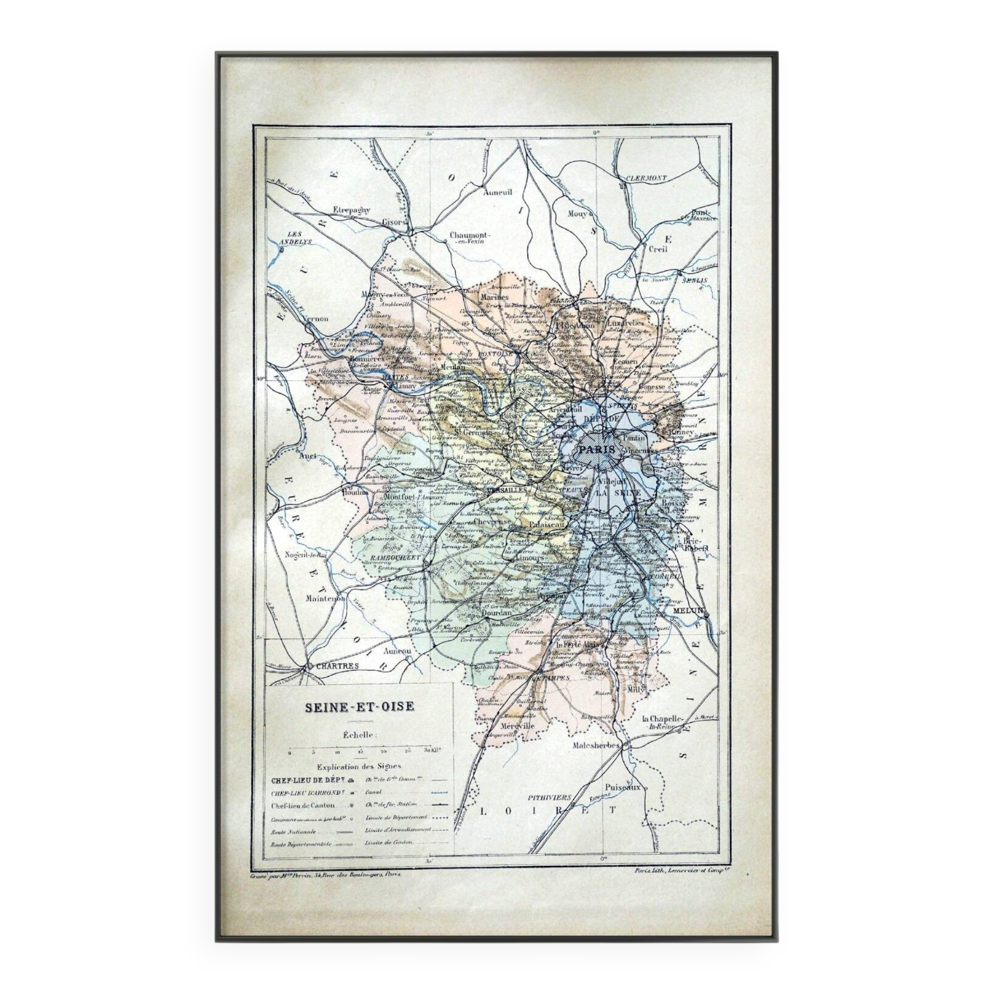 Map of Seine-et-Oise, France. Antique printed in 1889.