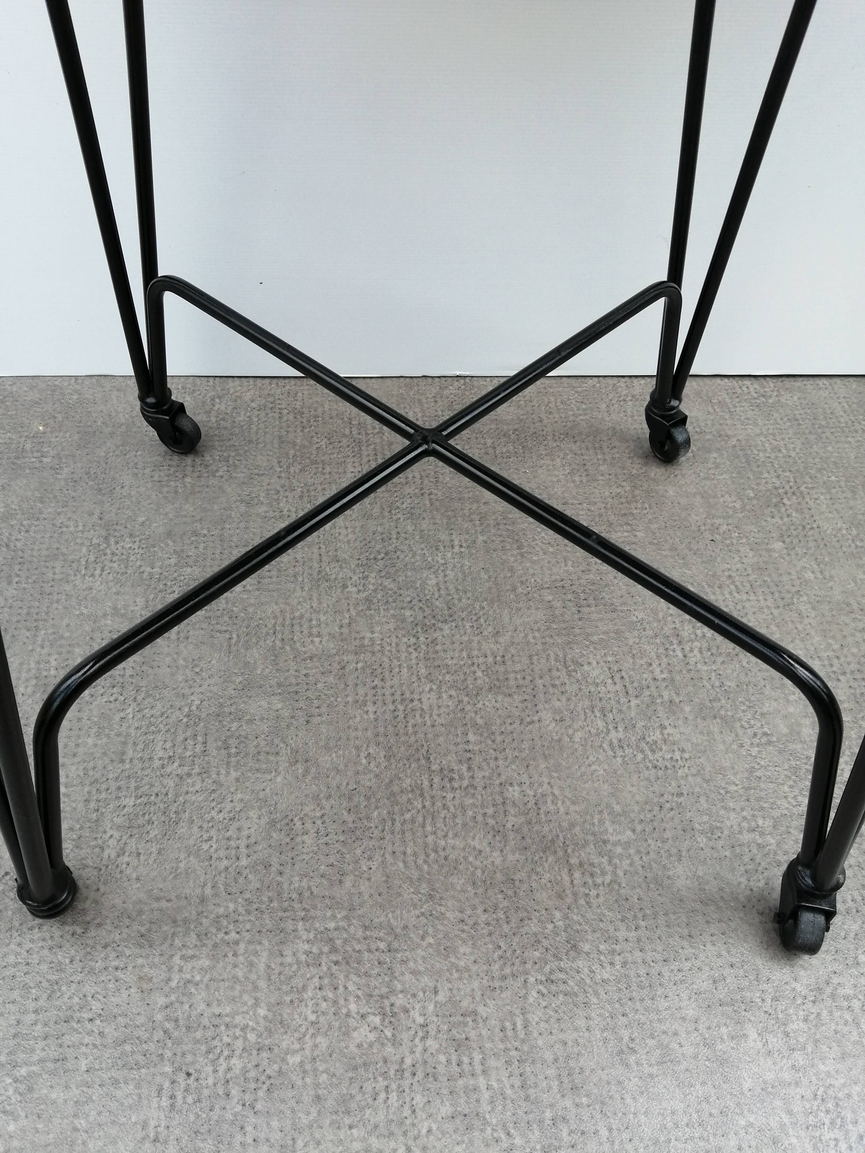 Wood and metal dessert trolley on wheels, vintage Eiffel leg, made in France 1960.