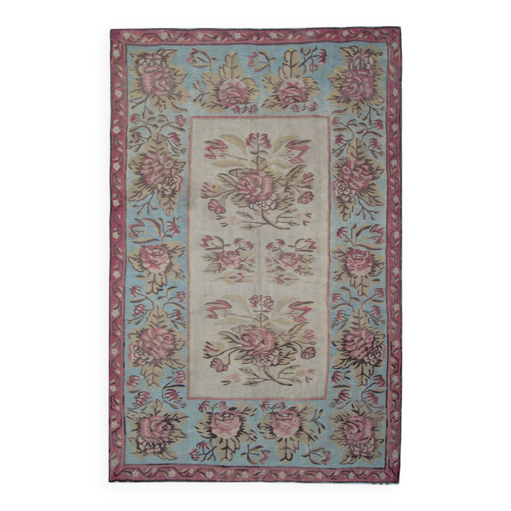 Tapis Kilim de Bessarabie en laine tissée à plat à motifs floraux roses et bleu, 1870