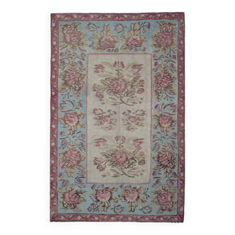 Bessarabian Kilim Rug 1870, Pink & Sky Blue Floral Wool Flatweave 176x271cm