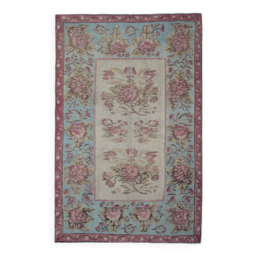 Bessarabian Kilim Rug 1870, Pink & Sky Blue Floral Wool Flatweave 176x271cm