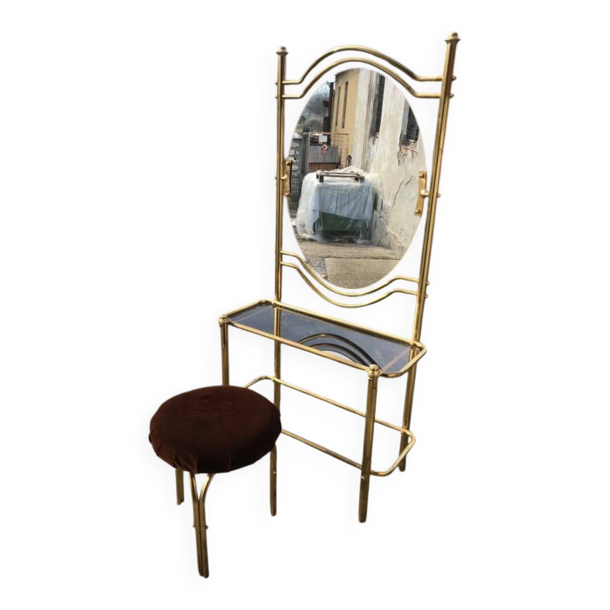 Coiffeuse vintage en laiton doré avec miroir ovale et tabouret marron - set de 2