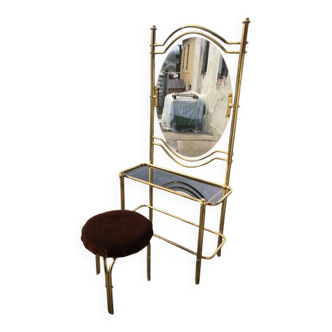 Vintage brass dressing table with oval mirror and brown stool - set of 2