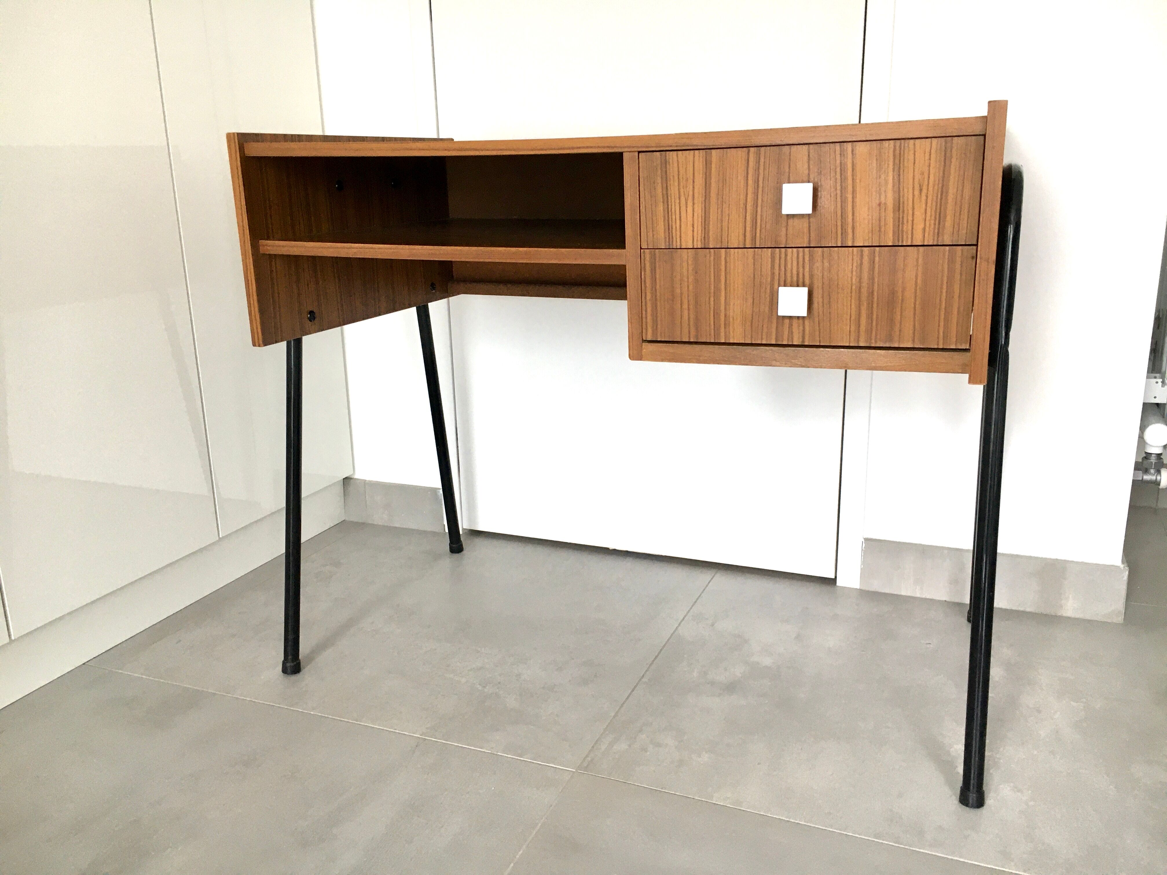 Vintage office teak décor and black steel base