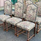 6 chaises à manger Louis XIII bois massif torsadés et tissu écru du 19ème