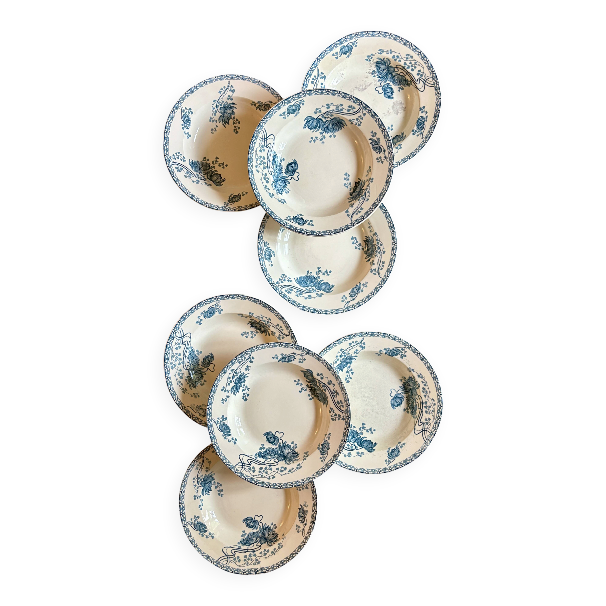 Set of 8 antique deep plates in ironstone, Royat from Sarreguemines.