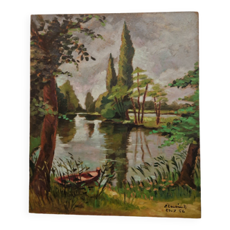 Old oil painting on wood from the 50s