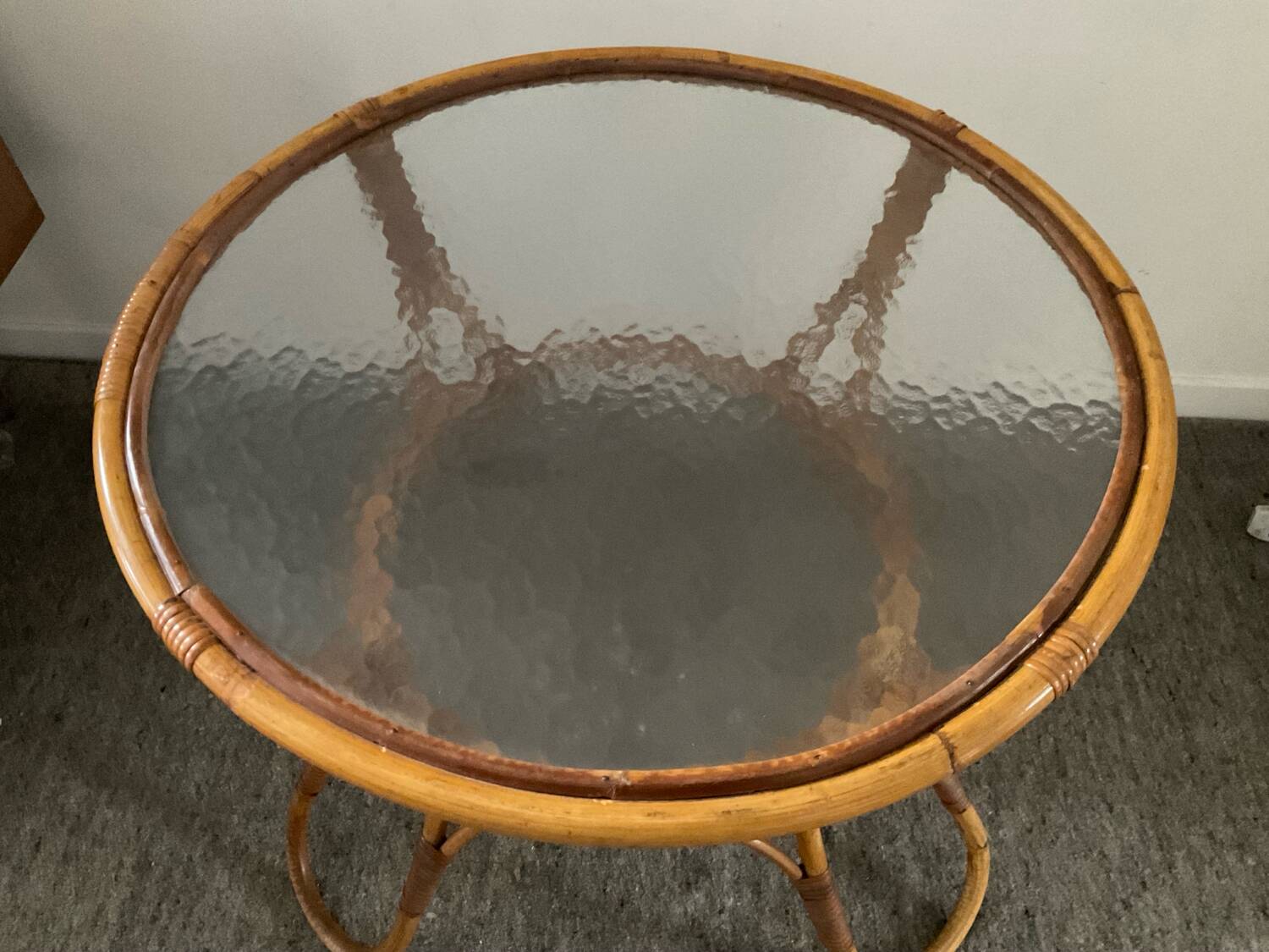 1960s rattan and glass coffee table