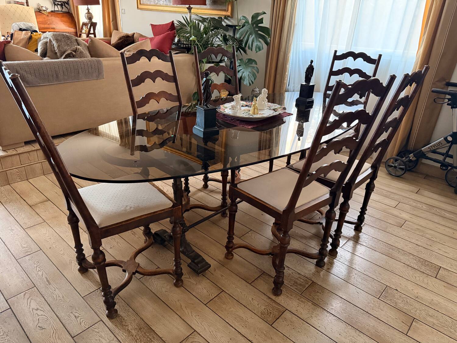 Large antique dining table in wrought iron and smoked glass,