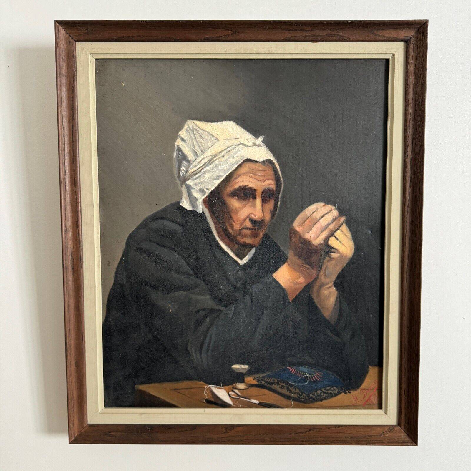 Oil on canvas by M. Dorion 1893 portrait of a Breton woman at work