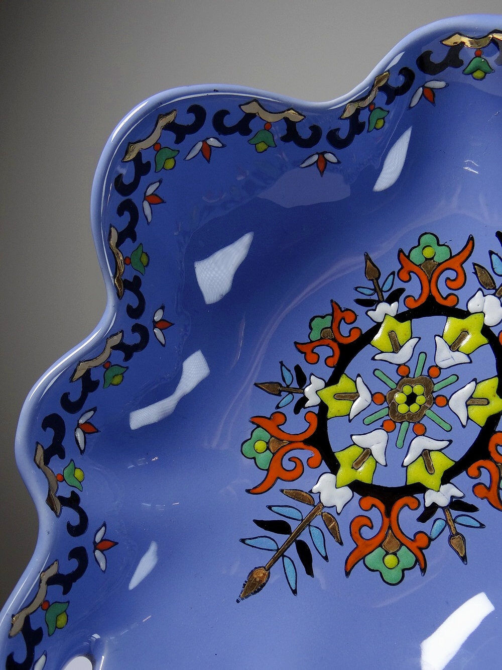 Vintage Chartres model faience and enamel pocket bowl from Longwy.