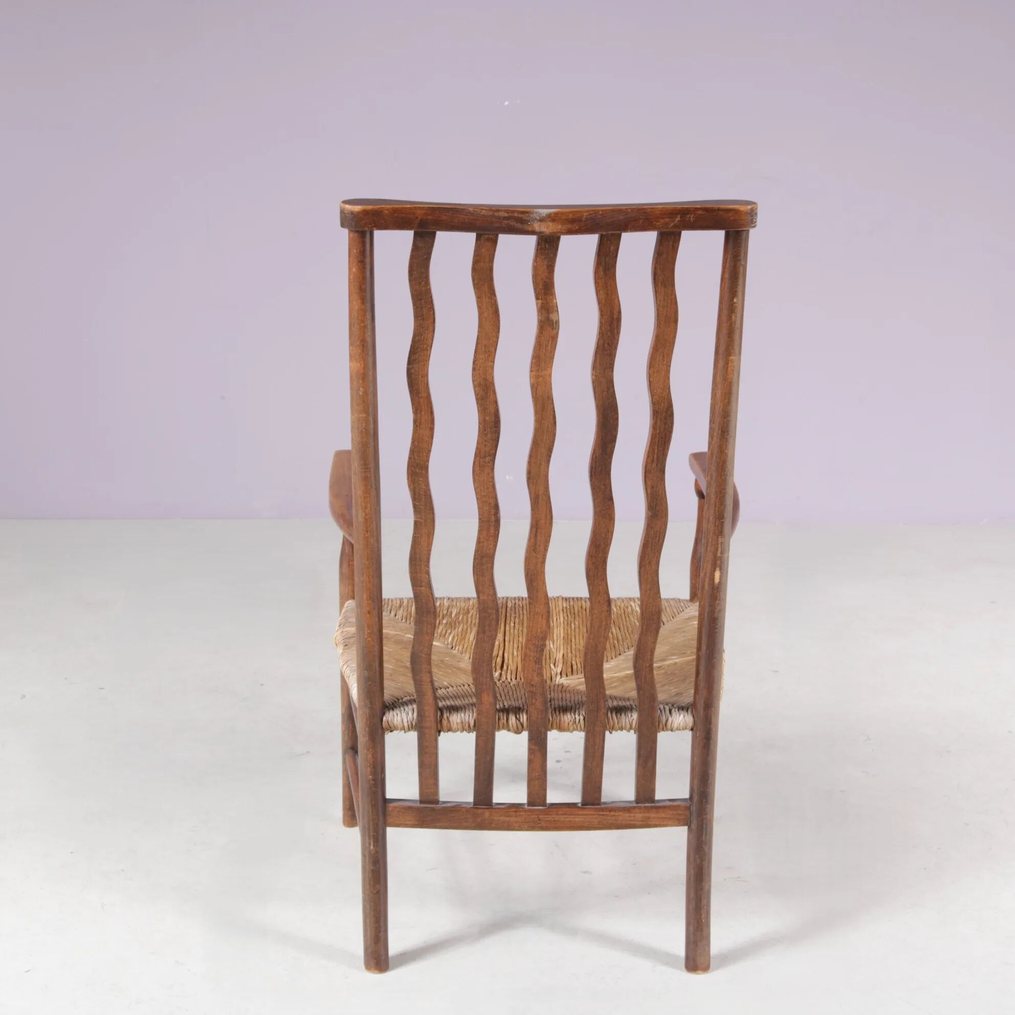1930s small low spindle-back hearth chair / side chair with wicker seat, Arts & Craft Movement, Morris & Co for Liberty and Co, Stowaway London