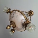 Art Deco alabaster and bronze chandelier, 7-light fixture