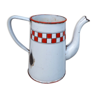 Ancient white and red enamelled coffee pot