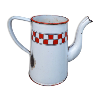 Ancienne cafetière émaillée blanche et rouge