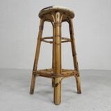 Bamboo bar stool with leatherette seat in cow print, 1950s