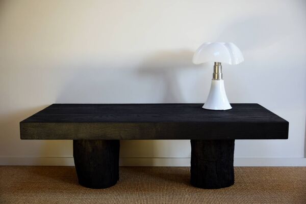 Table basse rondins fintion bois brûlé, shou-sugi-ban