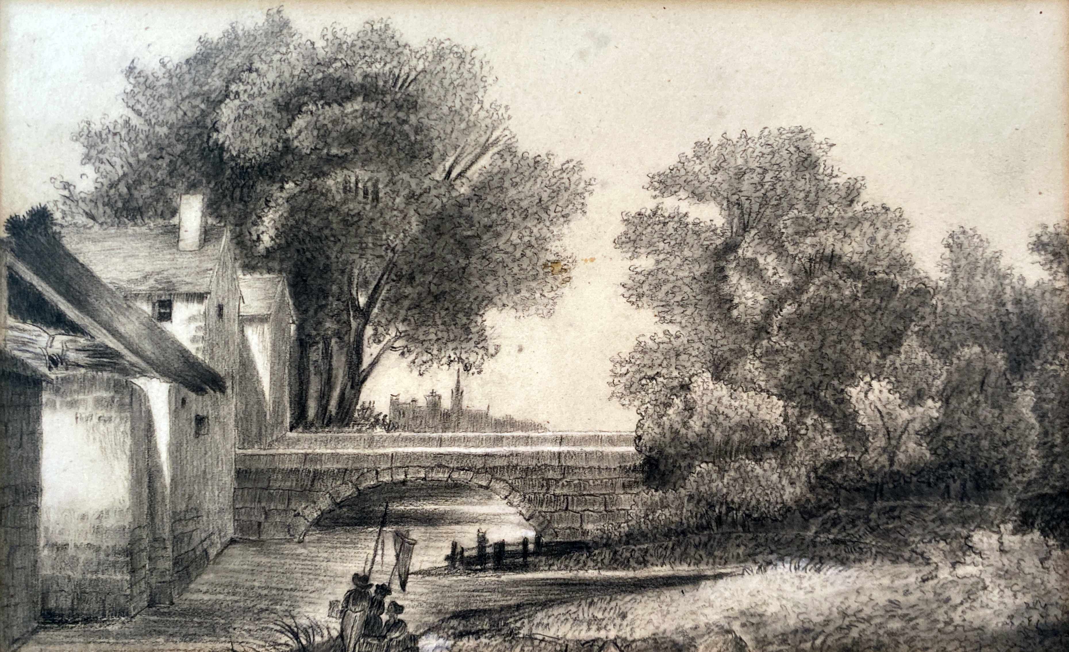 Painting drawing XIX ° Dijon St Benigne fisherman l'Ouche and frame