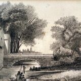 Painting drawing XIX ° Dijon St Benigne fisherman l'Ouche and frame