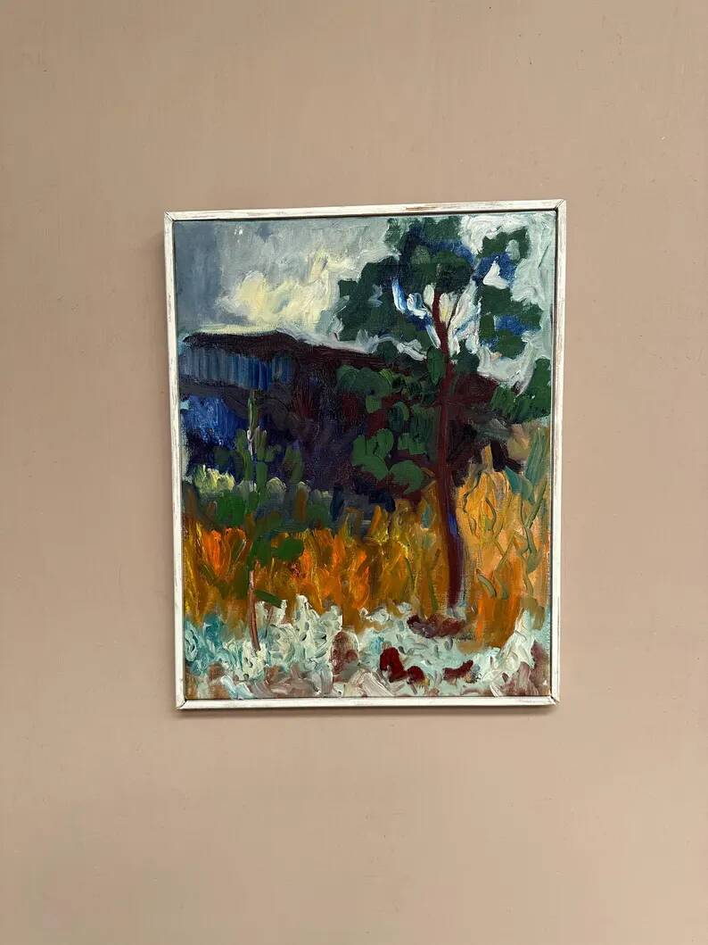 Original Swedish Oil on Canvas – "Tree in a Landscape", Unknown Artist – Vintage and Framed – 33 × 28 cm (12.9" × 11")