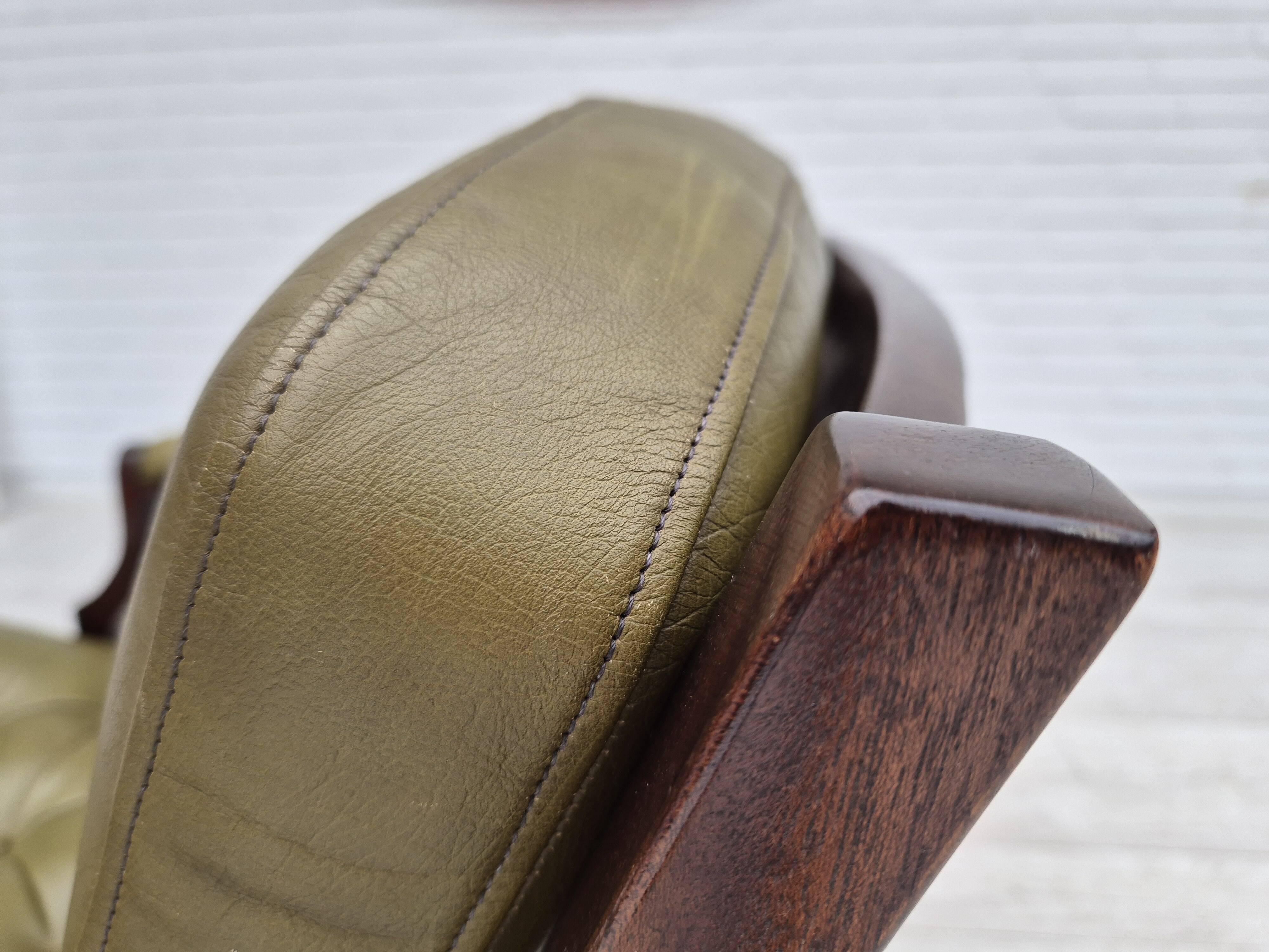 1970s, Scandinavian armchair, original condition,reen furniture leather, solid teak wood.