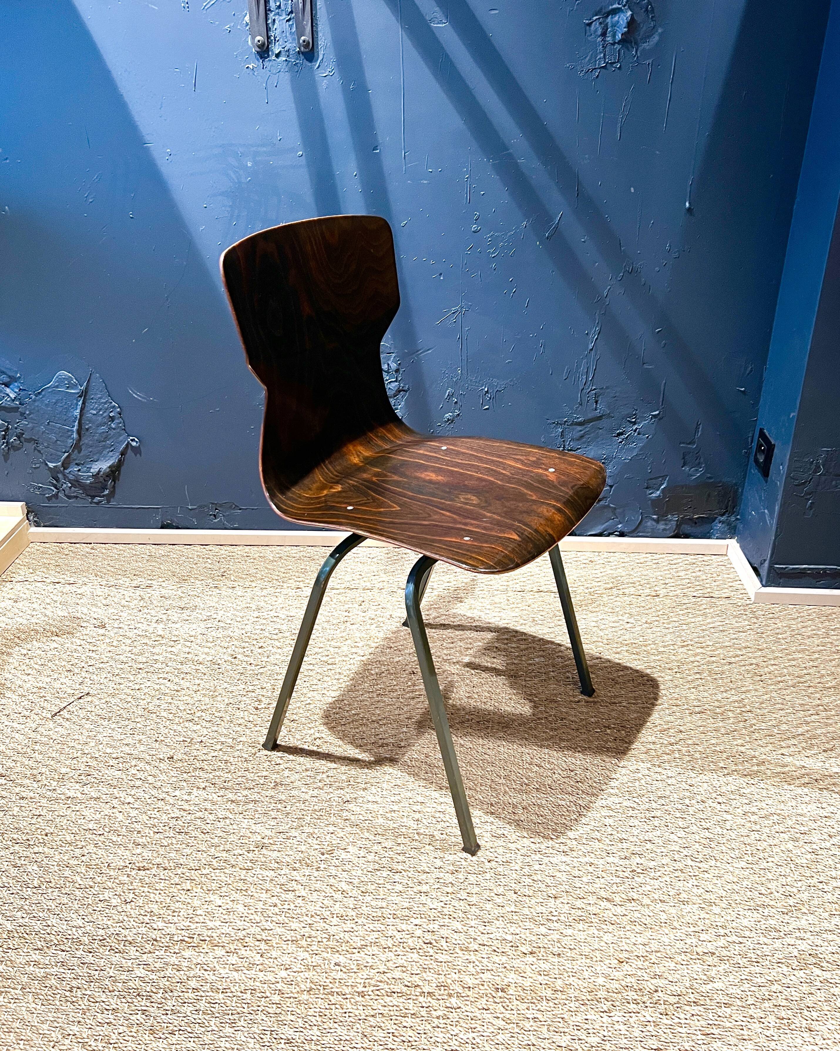 Set of 8 wenge wood chairs and gray green steel