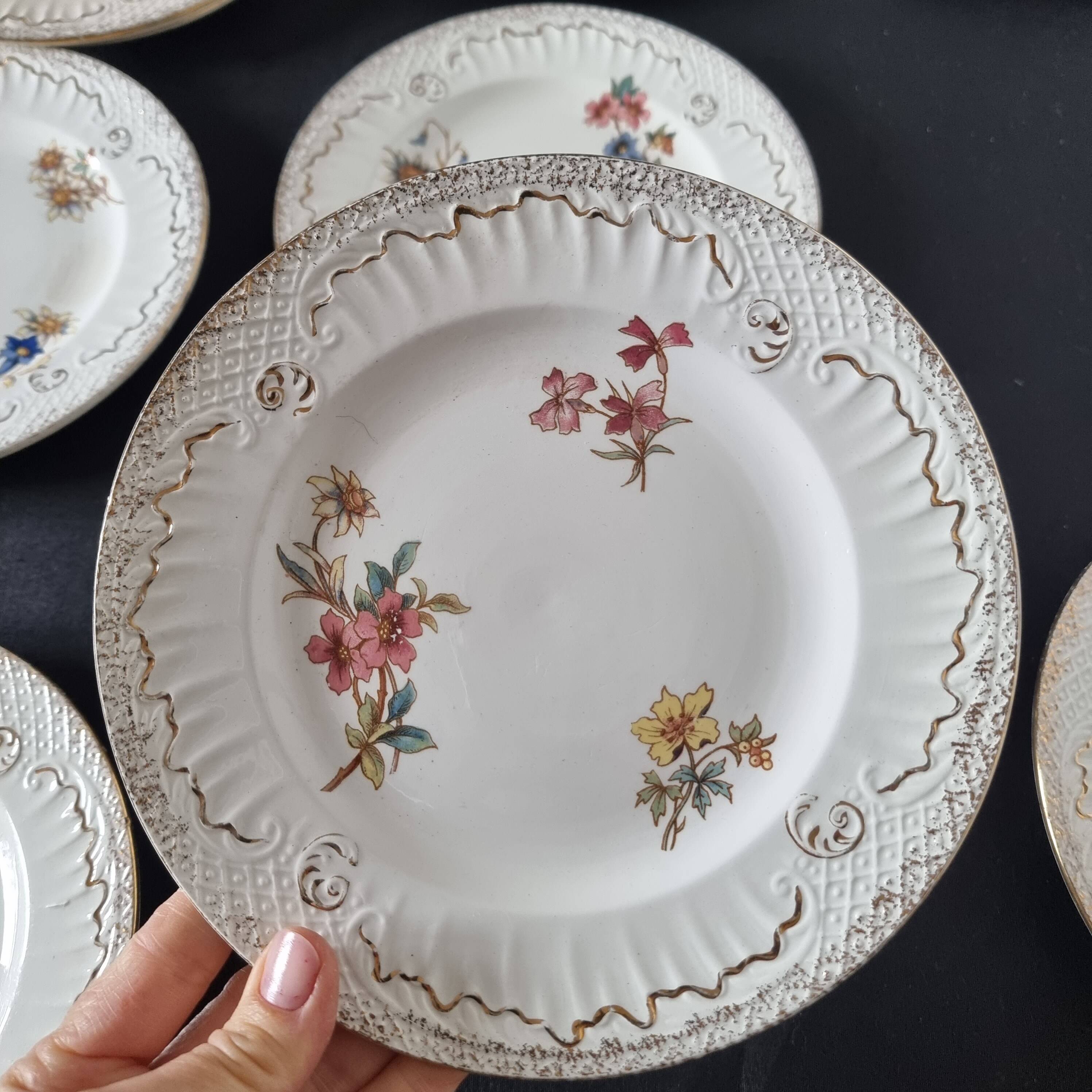 Lot de 9 assiettes anciennes en porcelaine de Sarreguemines, XIXe siècle, s